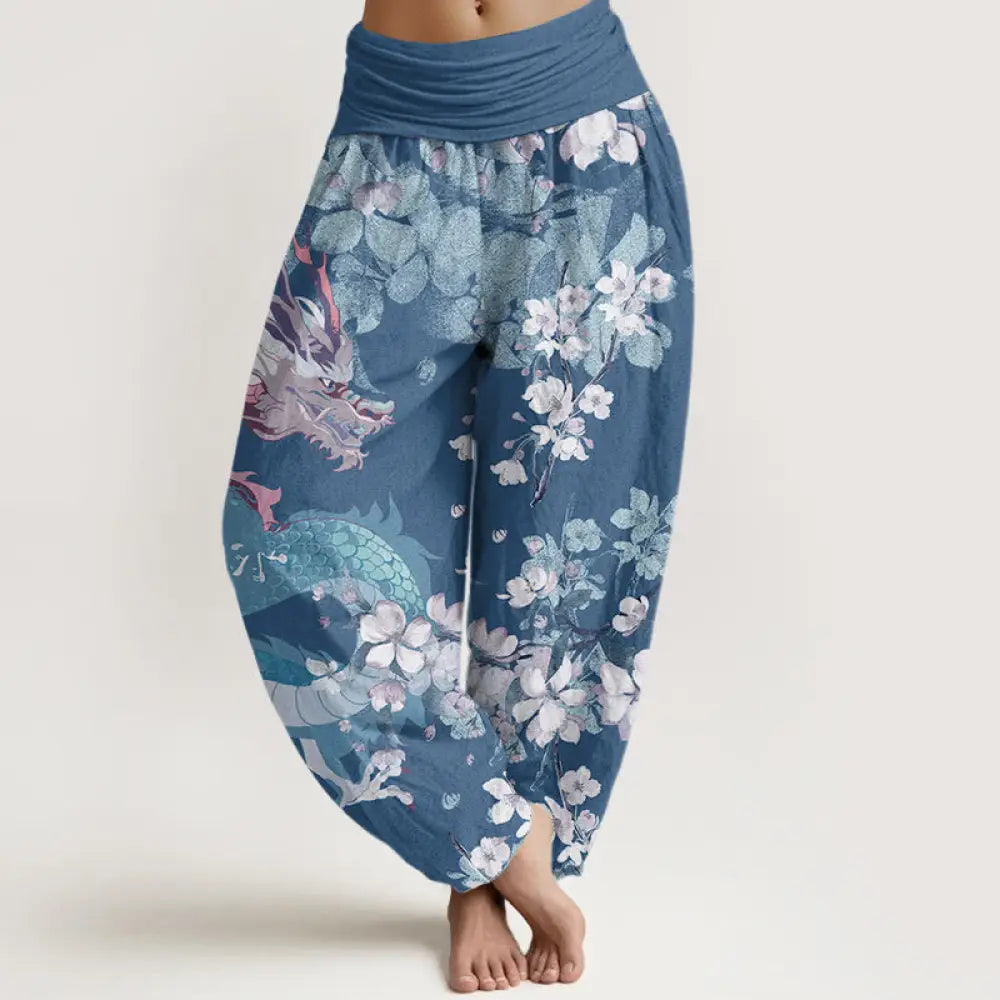 Buddha Stones Cotton Casual Dragon Cherry Blossoms Women’s Elastic Waist Harem Pants - SteelBlue / US2，UK/AU6，EU34 (XS)