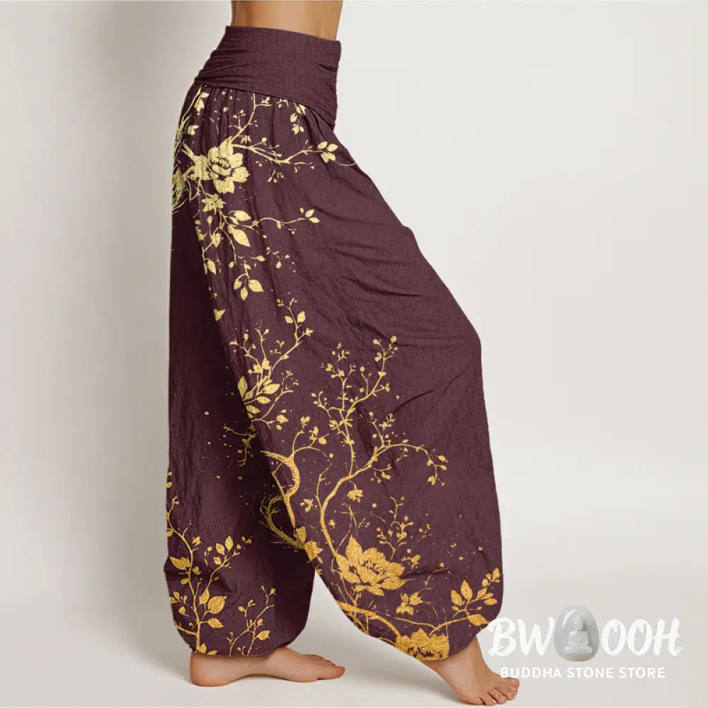 Buddha Stones Cotton Casual Dragon Flower Leaf Pattern Women’s Elastic Waist Harem Pants - Women’s Harem Pants