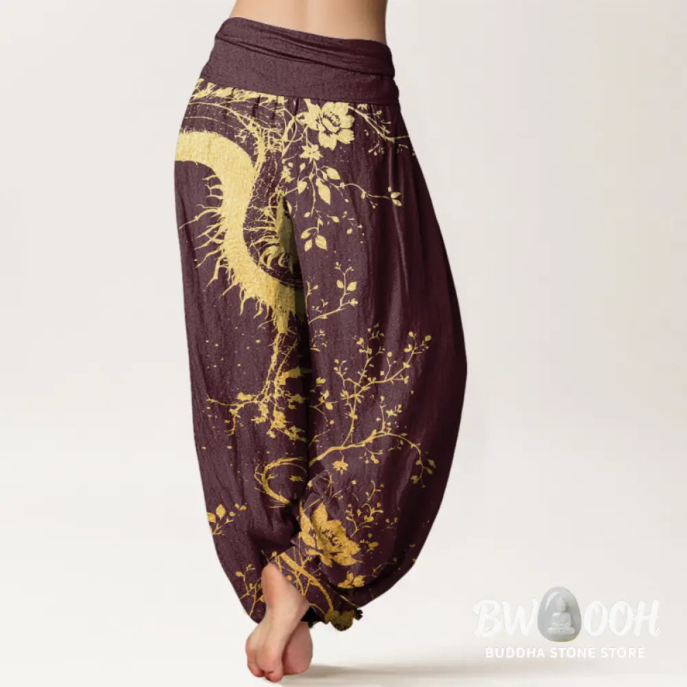 Buddha Stones Cotton Casual Dragon Flower Leaf Pattern Women’s Elastic Waist Harem Pants - Women’s Harem Pants