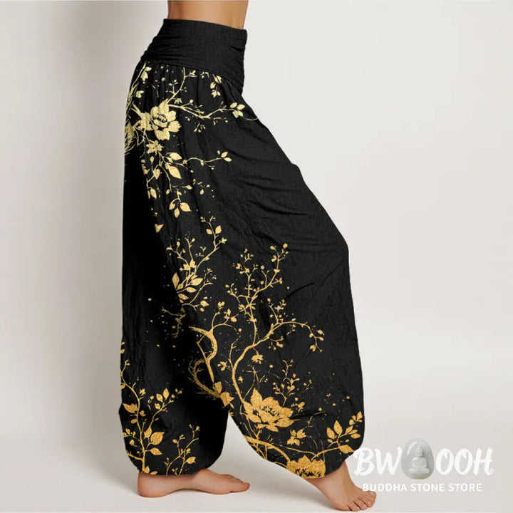 Buddha Stones Cotton Casual Dragon Flower Leaf Pattern Women’s Elastic Waist Harem Pants - Women’s Harem Pants