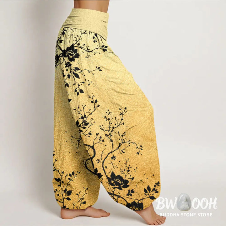 Buddha Stones Cotton Casual Dragon Flower Leaf Pattern Women’s Elastic Waist Harem Pants - Women’s Harem Pants