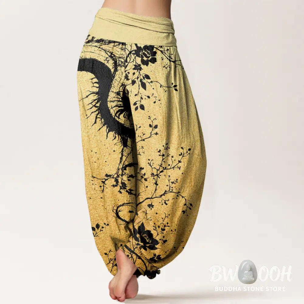 Buddha Stones Cotton Casual Dragon Flower Leaf Pattern Women’s Elastic Waist Harem Pants - Women’s Harem Pants