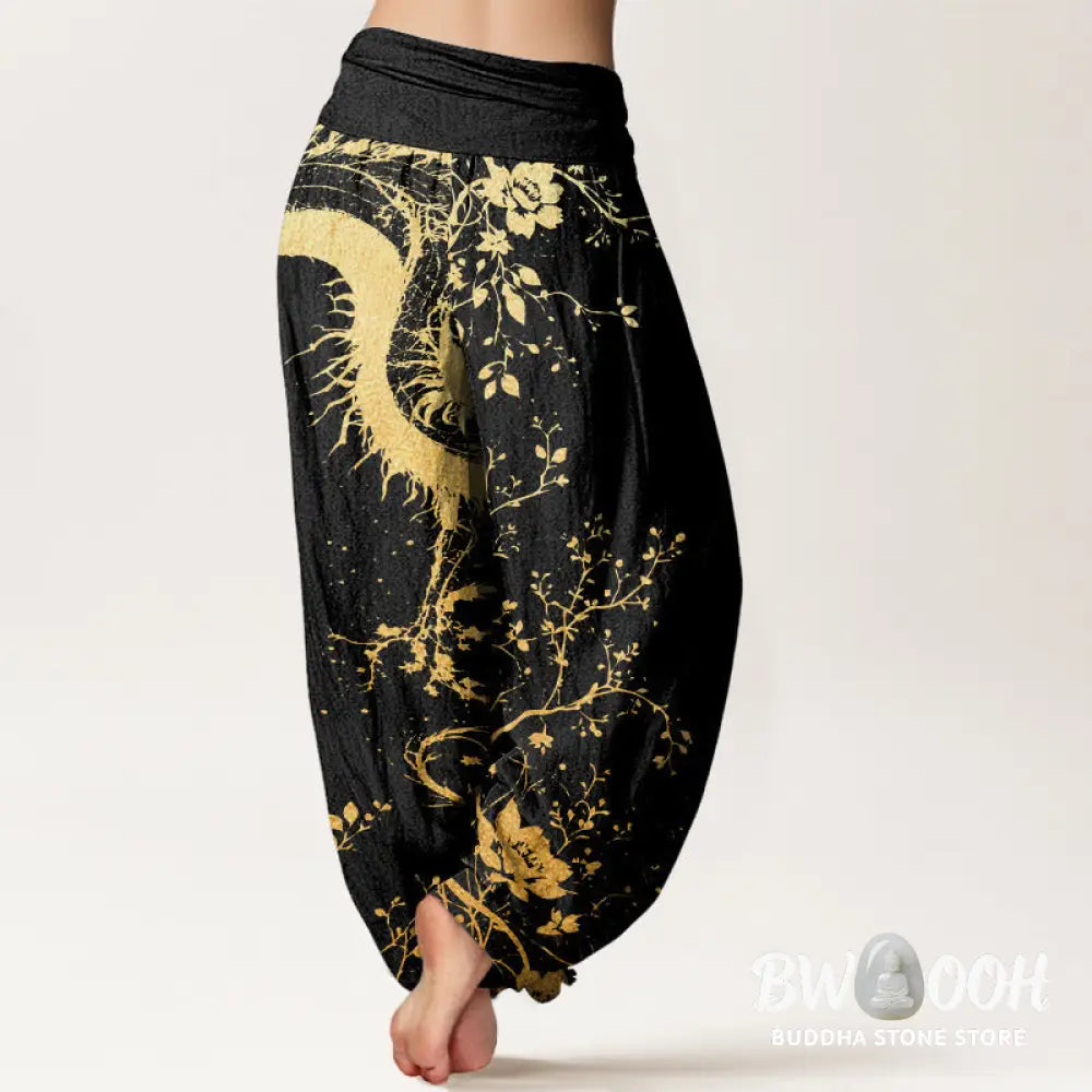 Buddha Stones Cotton Casual Dragon Flower Leaf Pattern Women’s Elastic Waist Harem Pants - Women’s Harem Pants