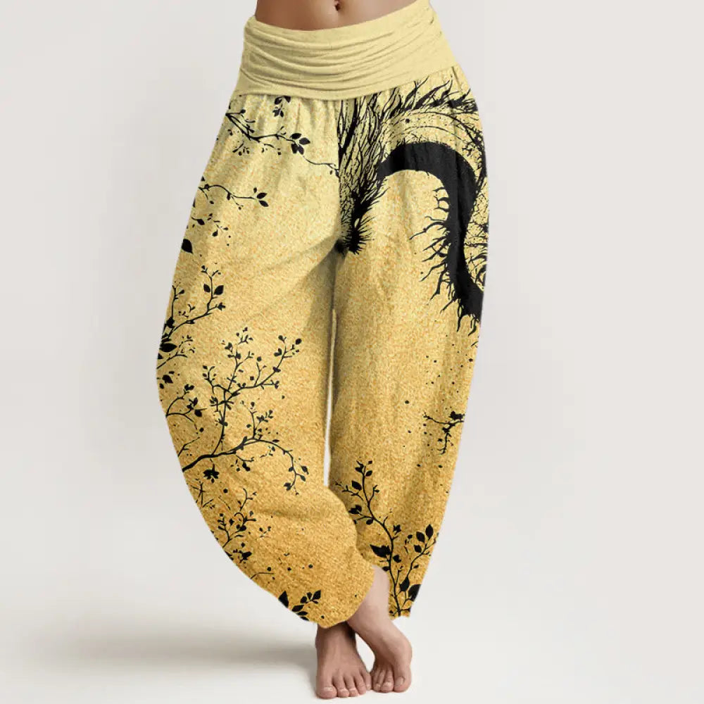 Buddha Stones Cotton Casual Dragon Flower Leaf Pattern Women’s Elastic Waist Harem Pants - Khaki / US2，UK/AU6，EU34 (XS)