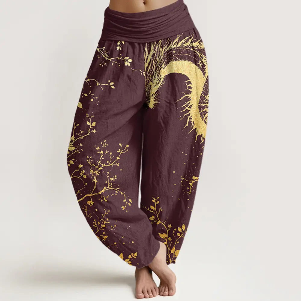 Buddha Stones Cotton Casual Dragon Flower Leaf Pattern Women’s Elastic Waist Harem Pants - Maroon / US2，UK/AU6，EU34