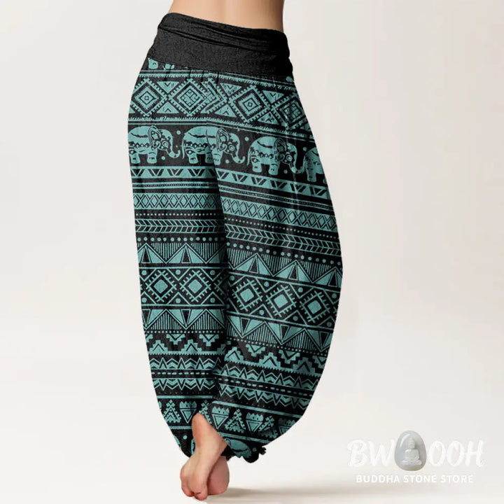 Buddha Stones Cotton Casual Elephant Geometric Figure Women’s Elastic Waist Harem Pants - Women’s Harem Pants