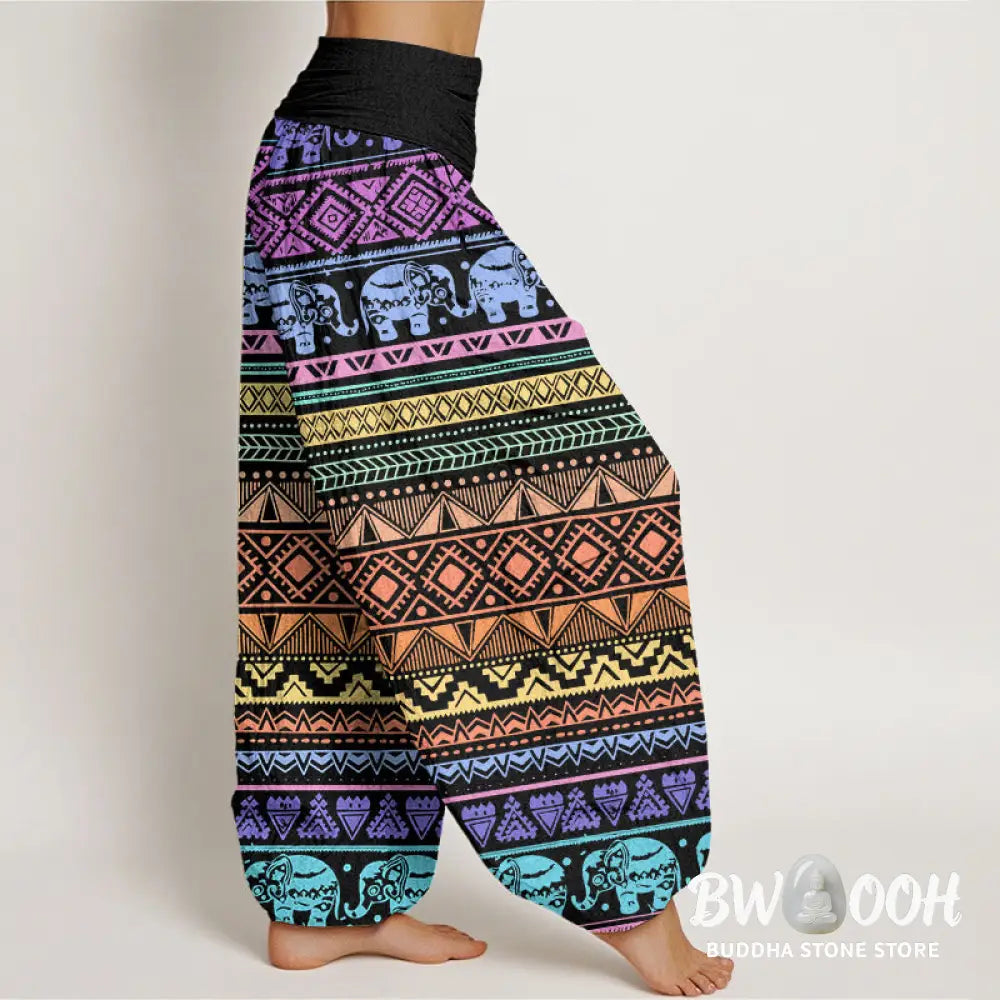 Buddha Stones Cotton Casual Elephant Geometric Figure Women’s Elastic Waist Harem Pants - Women’s Harem Pants