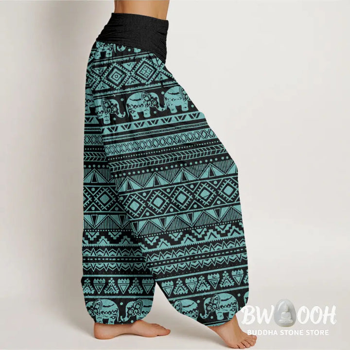 Buddha Stones Cotton Casual Elephant Geometric Figure Women’s Elastic Waist Harem Pants - Women’s Harem Pants