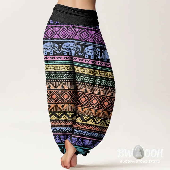 Buddha Stones Cotton Casual Elephant Geometric Figure Women’s Elastic Waist Harem Pants - Women’s Harem Pants