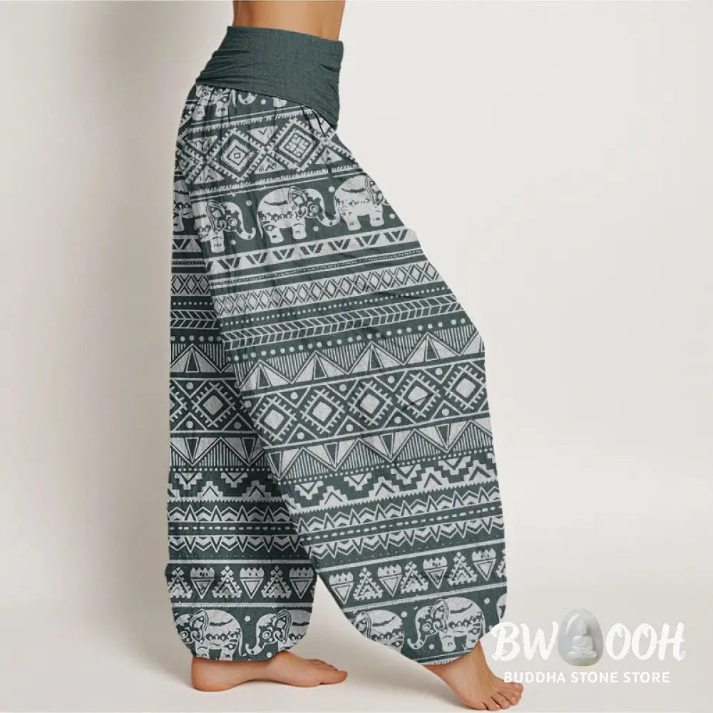 Buddha Stones Cotton Casual Elephant Geometric Figure Women’s Elastic Waist Harem Pants - Women’s Harem Pants