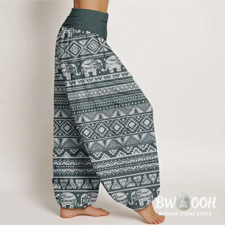 Buddha Stones Cotton Casual Elephant Geometric Figure Women’s Elastic Waist Harem Pants - Women’s Harem Pants