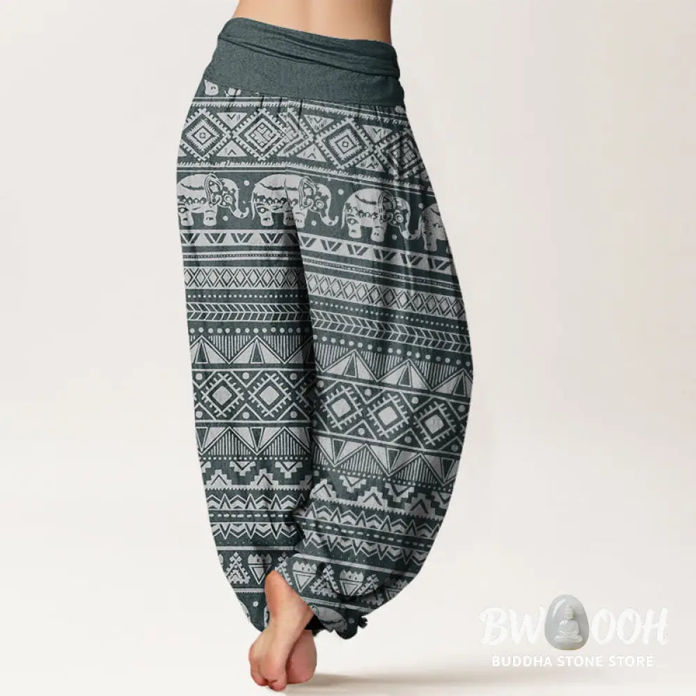Buddha Stones Cotton Casual Elephant Geometric Figure Women’s Elastic Waist Harem Pants - Women’s Harem Pants