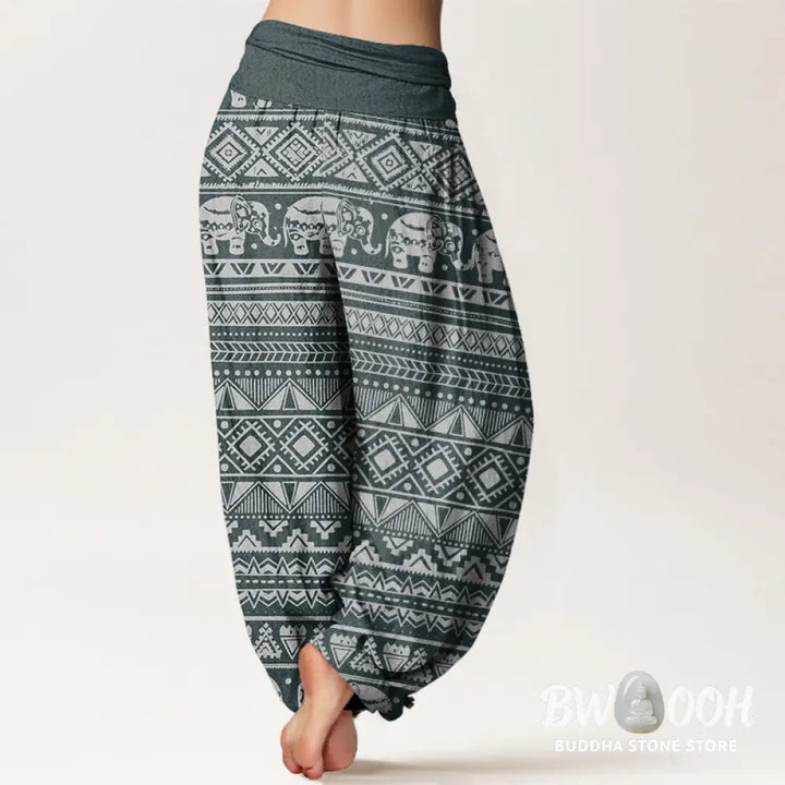 Buddha Stones Cotton Casual Elephant Geometric Figure Women’s Elastic Waist Harem Pants - Women’s Harem Pants