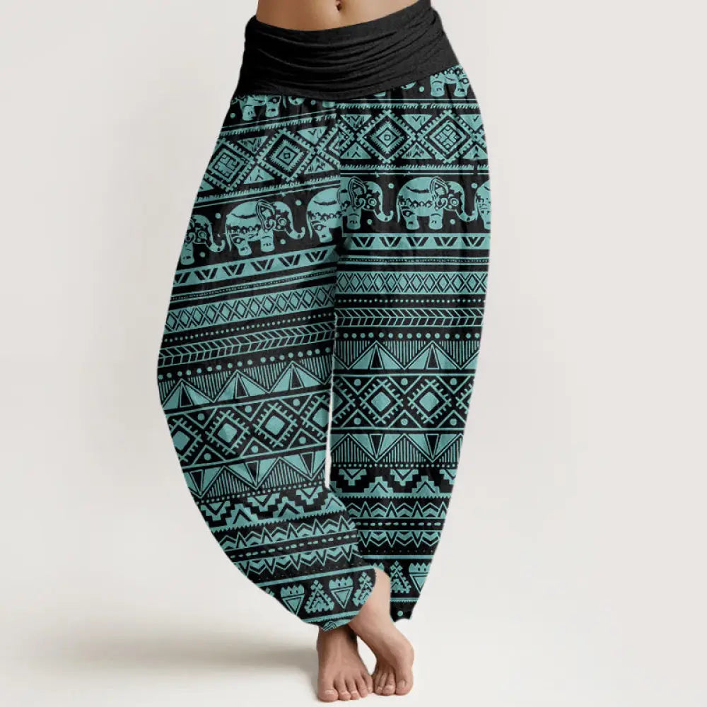 Buddha Stones Cotton Casual Elephant Geometric Figure Women’s Elastic Waist Harem Pants - MediumTurquoise