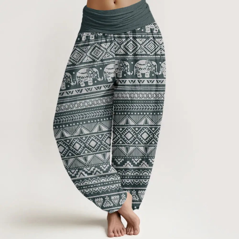 Buddha Stones Cotton Casual Elephant Geometric Figure Women’s Elastic Waist Harem Pants - SlateGray / US2，UK/AU6，EU34