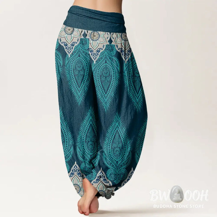Buddha Stones Cotton Casual Feather Flower Design Women’s Elastic Waist Harem Pants - Women’s Harem Pants