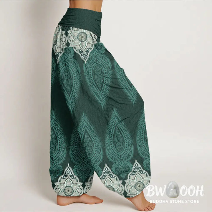 Buddha Stones Cotton Casual Feather Flower Design Women’s Elastic Waist Harem Pants - Women’s Harem Pants