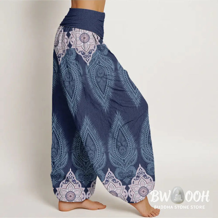 Buddha Stones Cotton Casual Feather Flower Design Women’s Elastic Waist Harem Pants - Women’s Harem Pants