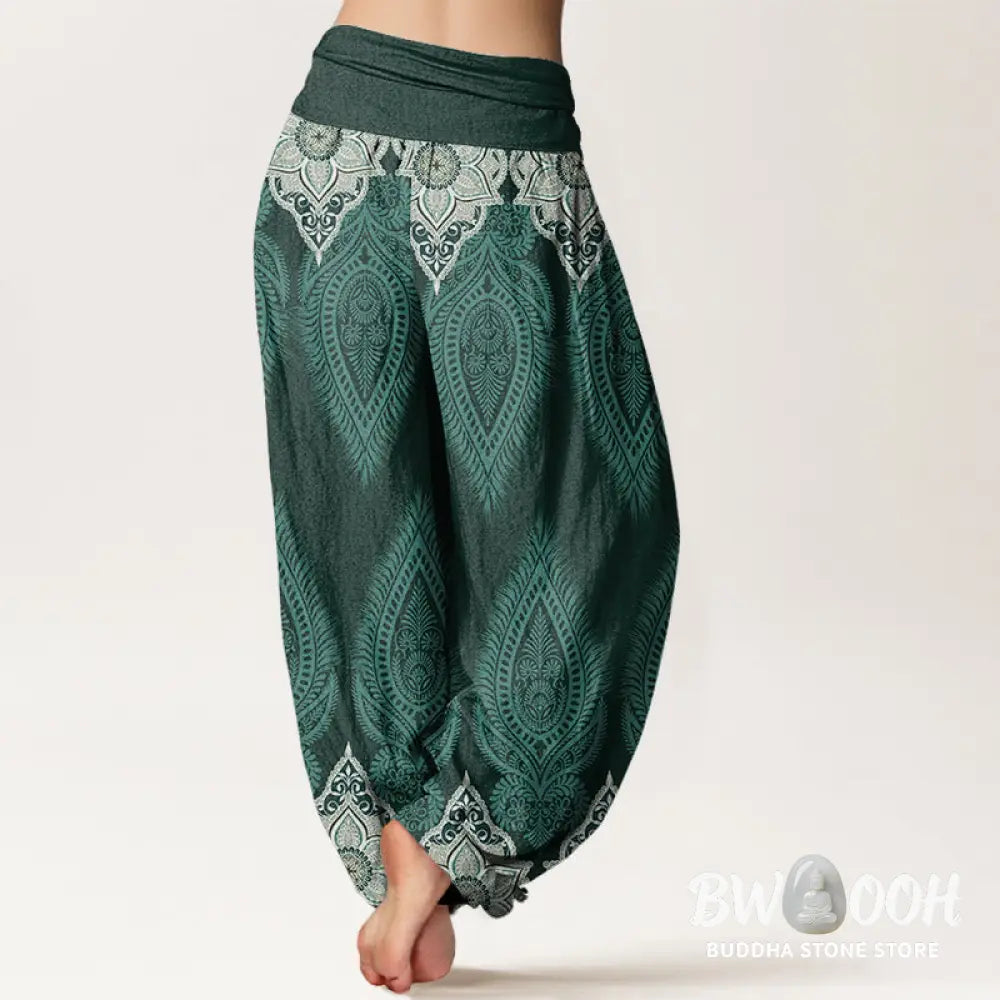 Buddha Stones Cotton Casual Feather Flower Design Women’s Elastic Waist Harem Pants - Women’s Harem Pants