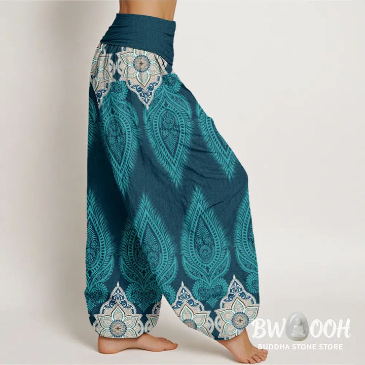 Buddha Stones Cotton Casual Feather Flower Design Women’s Elastic Waist Harem Pants - Women’s Harem Pants