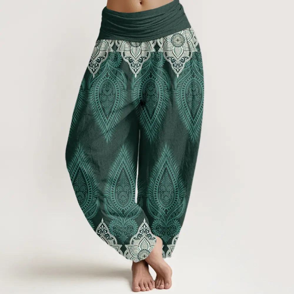 Buddha Stones Cotton Casual Feather Flower Design Women’s Elastic Waist Harem Pants - CadetBlue / US2，UK/AU6，EU34 (XS)
