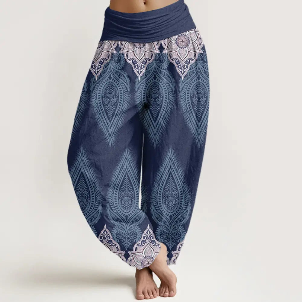 Buddha Stones Cotton Casual Feather Flower Design Women’s Elastic Waist Harem Pants - MediumPurple / US2，UK/AU6，EU34