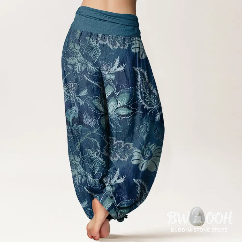 Buddha Stones Cotton Casual Floral Leaves Women’s Elastic Waist Harem Pants - Women’s Harem Pants