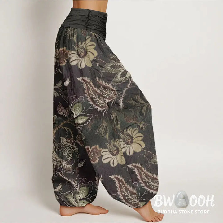 Buddha Stones Cotton Casual Floral Leaves Women’s Elastic Waist Harem Pants - Women’s Harem Pants