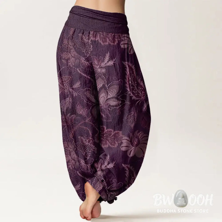 Buddha Stones Cotton Casual Floral Leaves Women’s Elastic Waist Harem Pants - Women’s Harem Pants