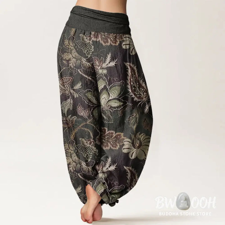 Buddha Stones Cotton Casual Floral Leaves Women’s Elastic Waist Harem Pants - Women’s Harem Pants