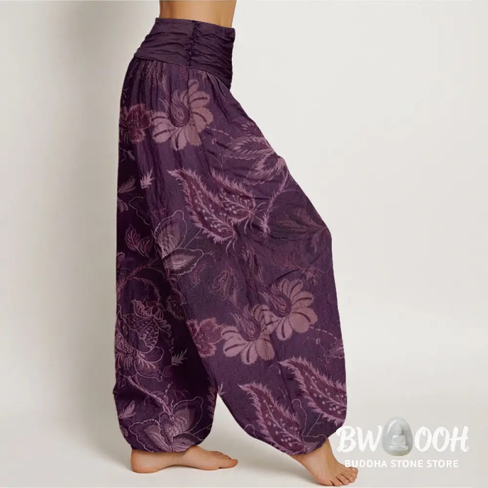Buddha Stones Cotton Casual Floral Leaves Women’s Elastic Waist Harem Pants - Women’s Harem Pants