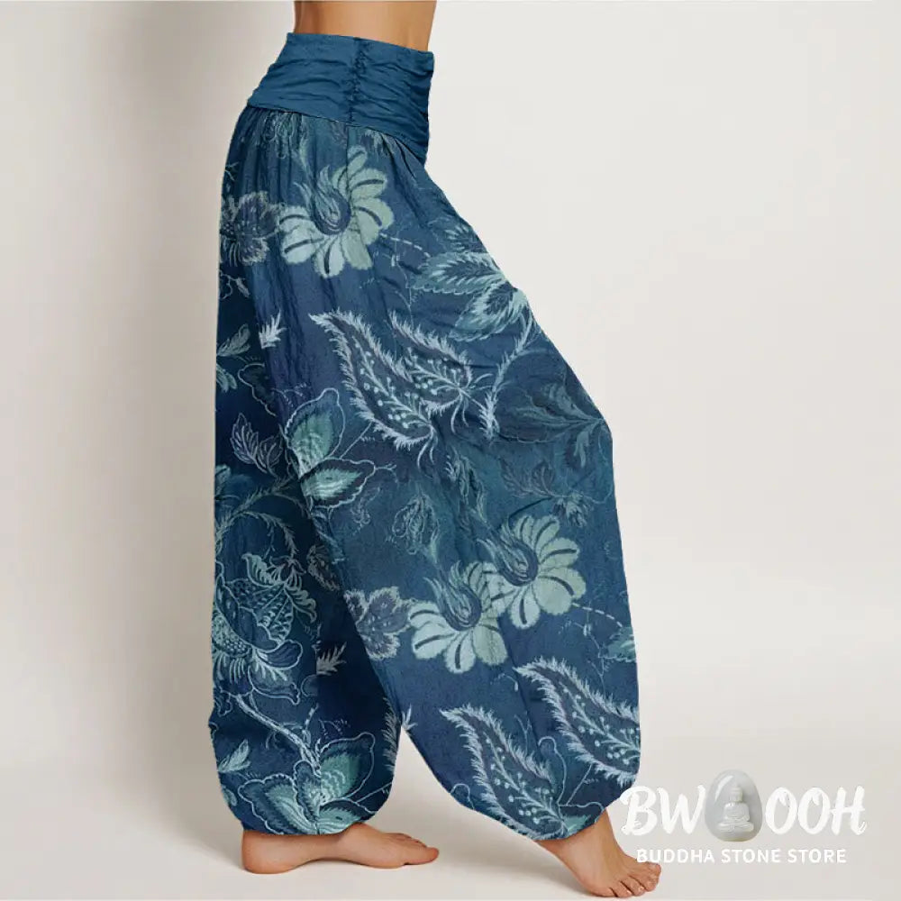 Buddha Stones Cotton Casual Floral Leaves Women’s Elastic Waist Harem Pants - Women’s Harem Pants