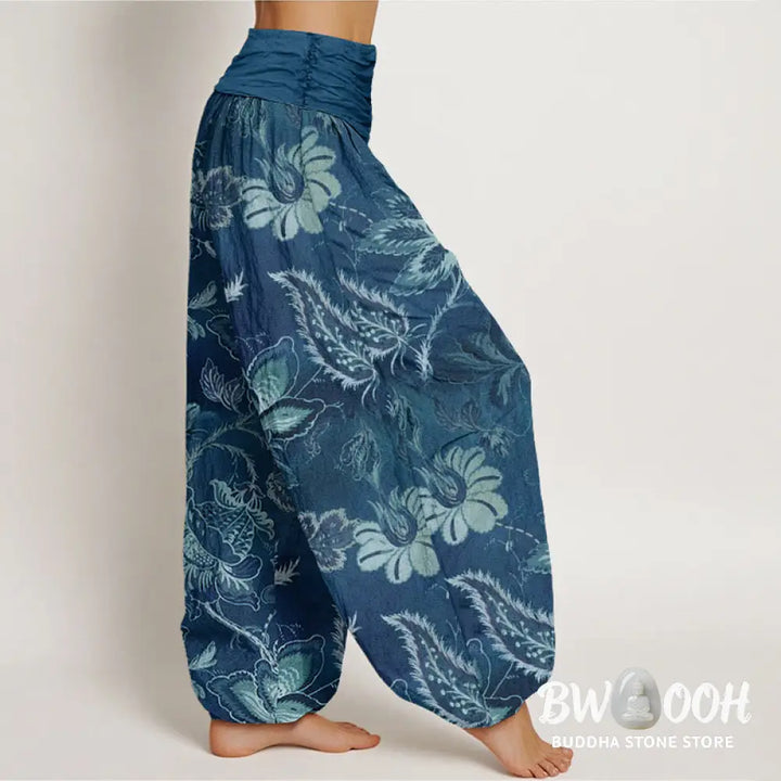 Buddha Stones Cotton Casual Floral Leaves Women’s Elastic Waist Harem Pants - Women’s Harem Pants