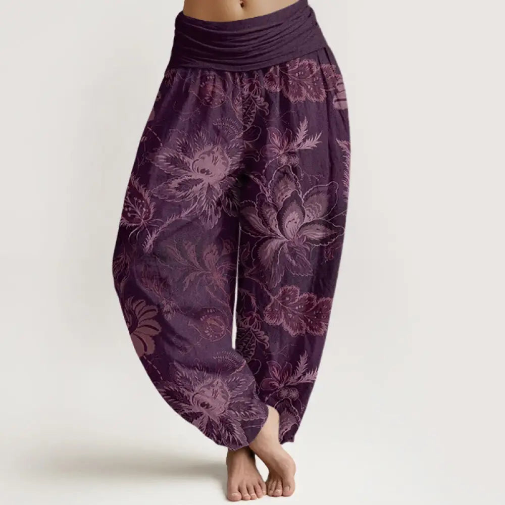 Buddha Stones Cotton Casual Floral Leaves Women’s Elastic Waist Harem Pants - Purple / US2，UK/AU6，EU34 (XS) - Women’s