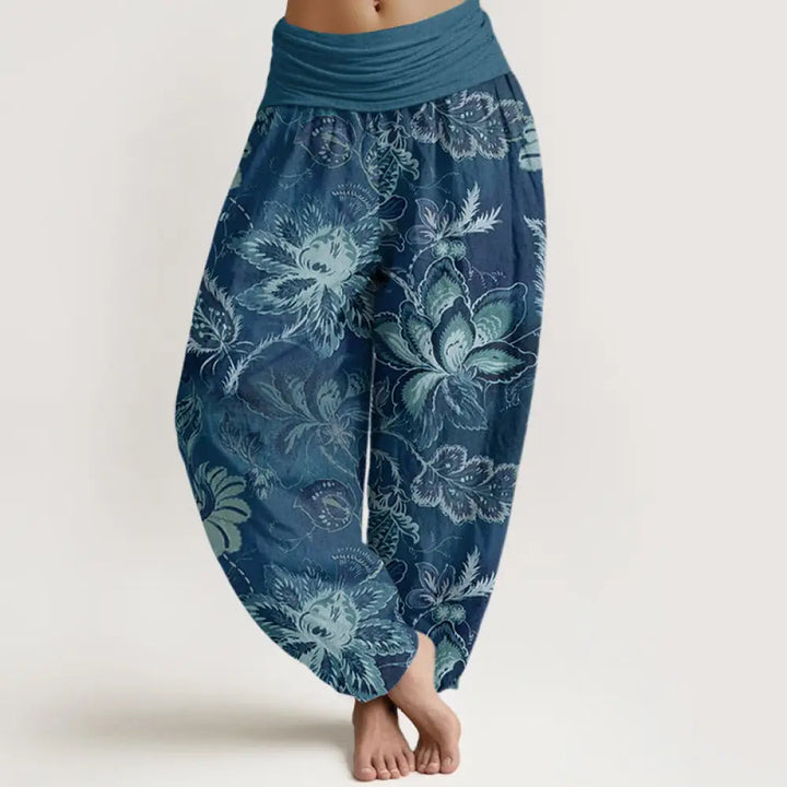 Buddha Stones Cotton Casual Floral Leaves Women’s Elastic Waist Harem Pants - SteelBlue / US2，UK/AU6，EU34 (XS)