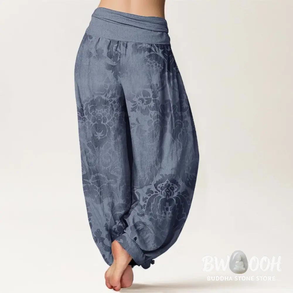 Buddha Stones Cotton Casual Flower Leaves Design Women’s Elastic Waist Harem Pants - Women’s Harem Pants