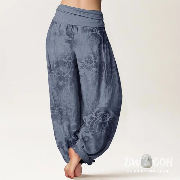 Buddha Stones Cotton Casual Flower Leaves Design Women’s Elastic Waist Harem Pants - Women’s Harem Pants