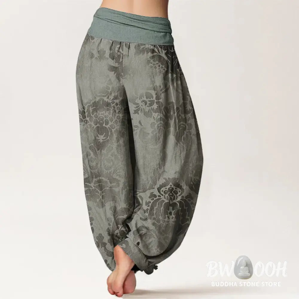 Buddha Stones Cotton Casual Flower Leaves Design Women’s Elastic Waist Harem Pants - Women’s Harem Pants