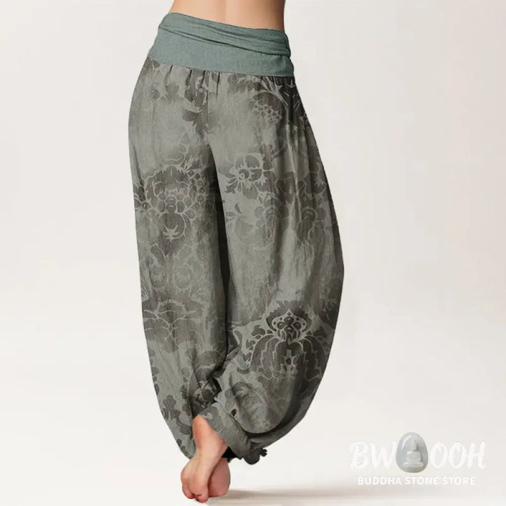 Buddha Stones Cotton Casual Flower Leaves Design Women’s Elastic Waist Harem Pants - Women’s Harem Pants