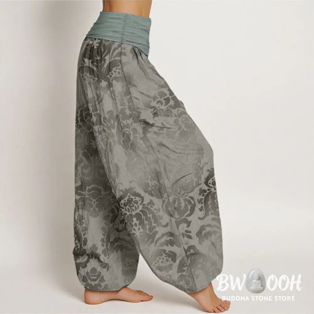 Buddha Stones Cotton Casual Flower Leaves Design Women’s Elastic Waist Harem Pants - Women’s Harem Pants