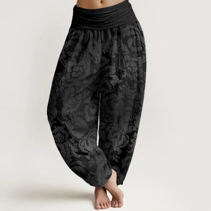 Buddha Stones Cotton Casual Flower Leaves Design Women’s Elastic Waist Harem Pants - Black / US2，UK/AU6，EU34 (XS)