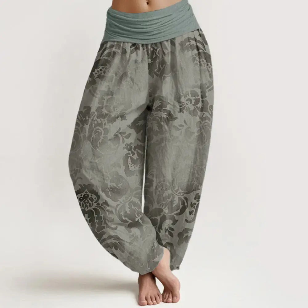 Buddha Stones Cotton Casual Flower Leaves Design Women’s Elastic Waist Harem Pants - DarkSeaGreen / US2，UK/AU6，EU34