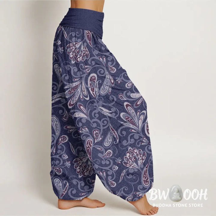 Buddha Stones Cotton Casual Flower Petals Design Women’s Elastic Waist Harem Pants - Women’s Harem Pants