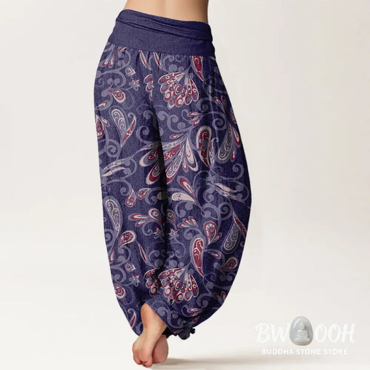 Buddha Stones Cotton Casual Flower Petals Design Women’s Elastic Waist Harem Pants - Women’s Harem Pants