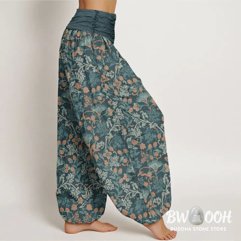 Buddha Stones Cotton Casual Flower Vine Leaves Pattern Women's Elastic Waist Harem Pants - Women's Harem Pants