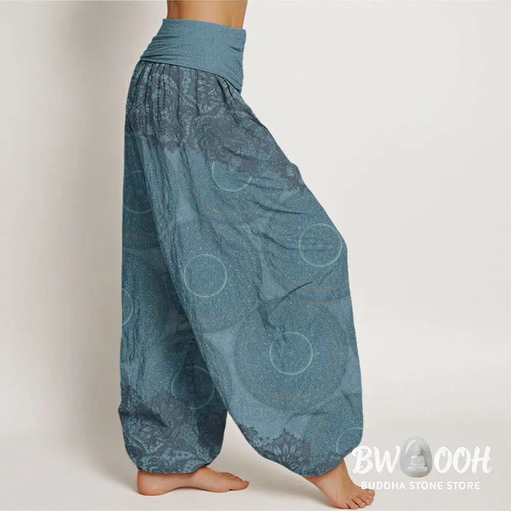 Buddha Stones Cotton Casual Flowers Compass Design Women’s Elastic Waist Harem Pants - Women’s Harem Pants