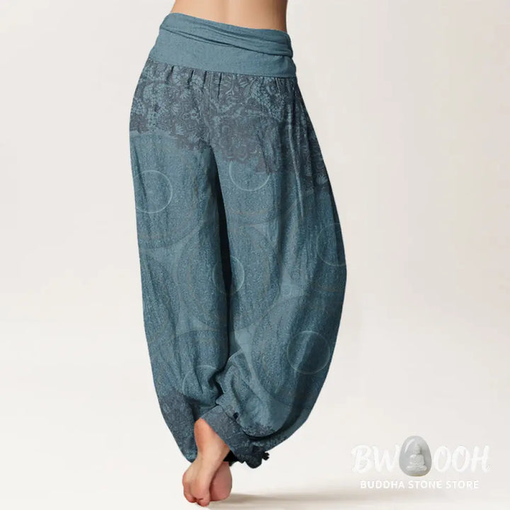 Buddha Stones Cotton Casual Flowers Compass Design Women’s Elastic Waist Harem Pants - Women’s Harem Pants