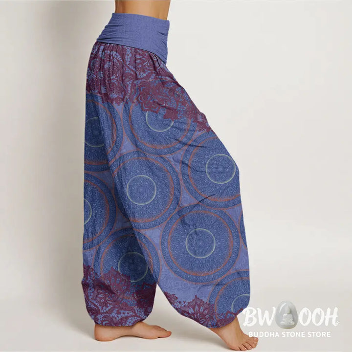 Buddha Stones Cotton Casual Flowers Compass Design Women’s Elastic Waist Harem Pants - Women’s Harem Pants