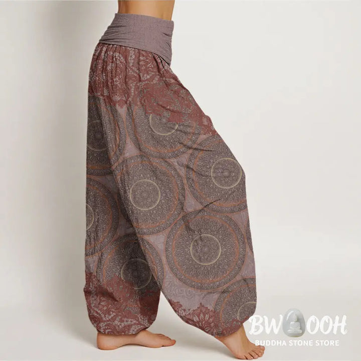 Buddha Stones Cotton Casual Flowers Compass Design Women’s Elastic Waist Harem Pants - Women’s Harem Pants