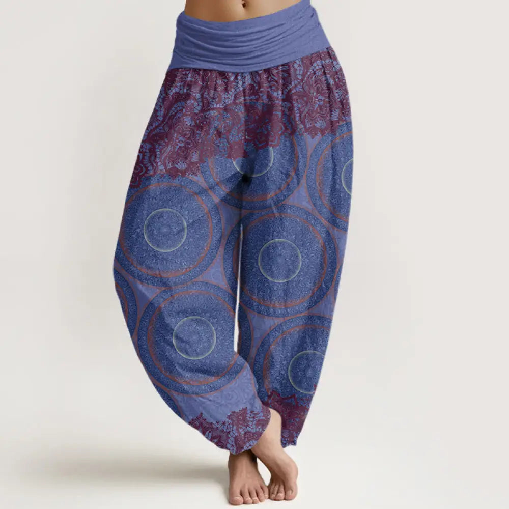 Buddha Stones Cotton Casual Flowers Compass Design Women’s Elastic Waist Harem Pants - MediumSlateBlue
